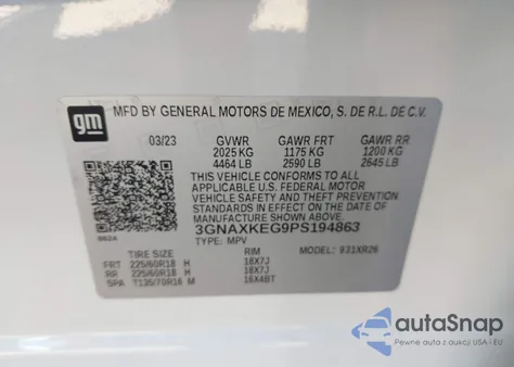 2023 Chevrolet Equinox Fwd Lt z USA, uszkodzony, nr VIN 3GNAXKEG9PS194863